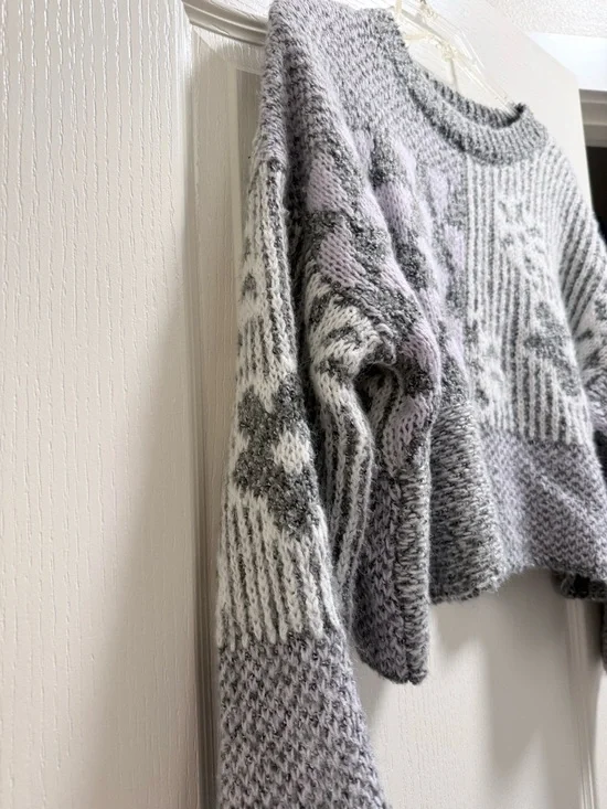 Sincerely Jules Cropped Patchwork Knit Sweater in Gray and Light Purple - Picture 4 of 7